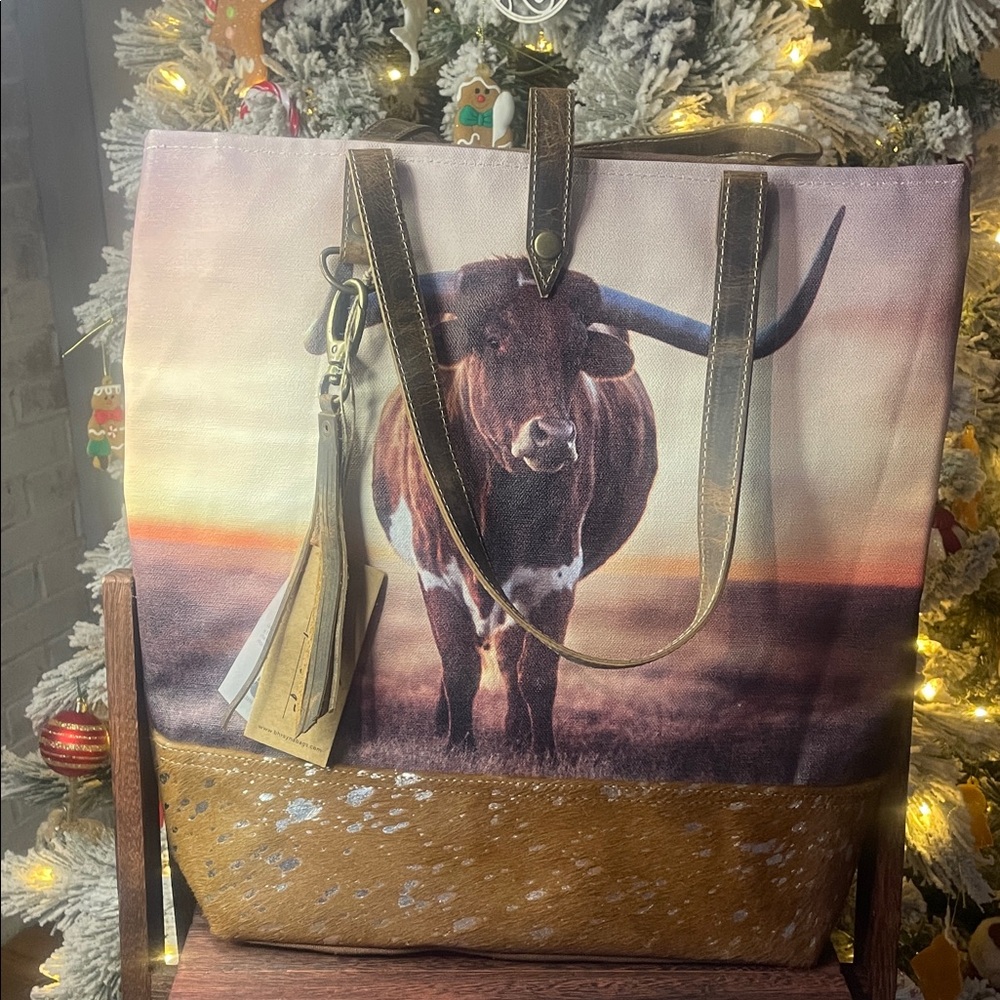 Cow Print Tote Bag with Brown Accents